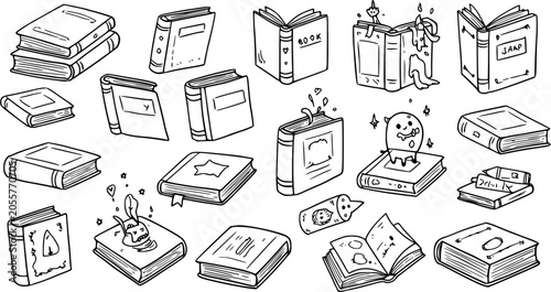 Canvastavla Black and White Line Art Doodle of Various Books, Stacked Books, Open Books, and