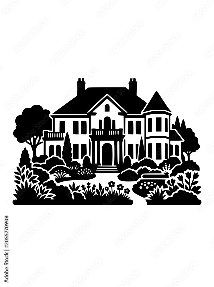 Fototapeta premium Victorian Mansion Silhouette with Lush Garden Landscape Vector Illustration