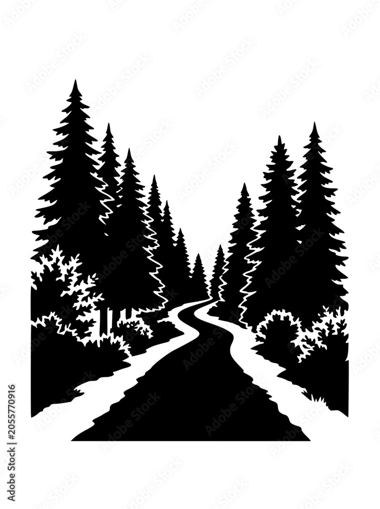 Fototapeta premium Winding Forest Path Silhouette with Pine Trees Illustration