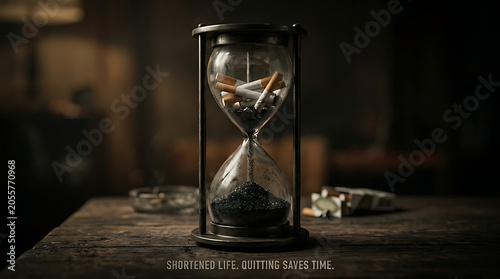 Powerful Anti Smoking Concept illustrating the loss of time and life expectancy with a cigarette hourglass on a table