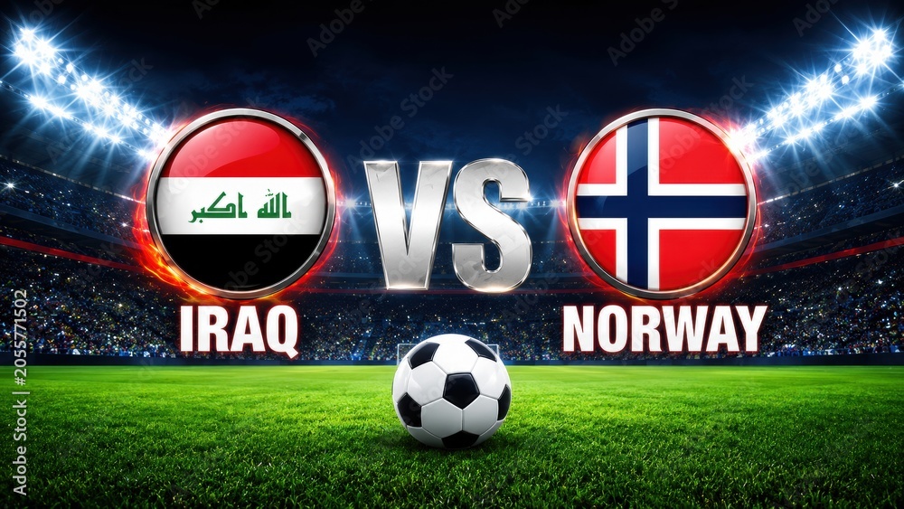 Fototapeta premium Iraq vs Norway Soccer Match Graphic With National Flags and Night Stadium Background