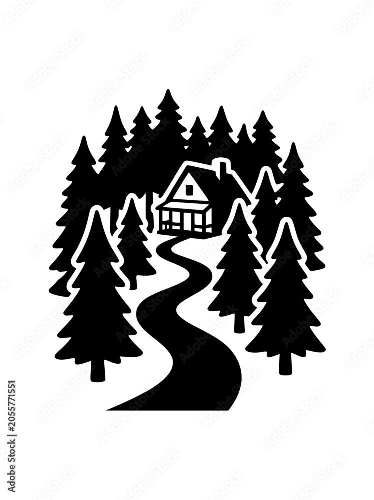 Obraz premium Cabin in Pine Forest Silhouette with Winding Path Vector