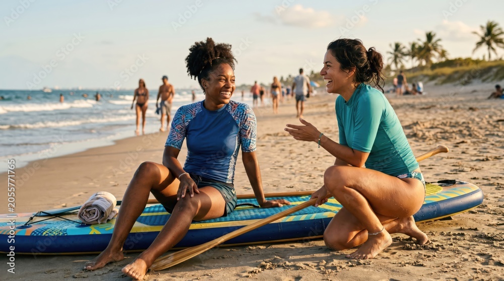 Obraz premium Two diverse young women friends laughing and talking on a beach with a stand up paddle board during a sunny summer vacation trip, active lifestyle and friendship concept