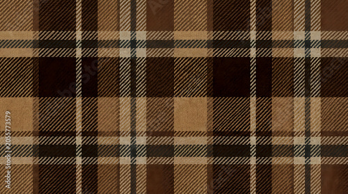 Seamless brown plaid fabric texture featuring elegant tartan pattern for autumnal fashion design and cozy interior decor projects with classic woven style