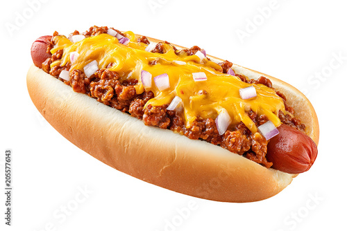 Classic chili dog topped with beef chili, melted cheddar cheese, and diced red onions in a soft hot dog bun.