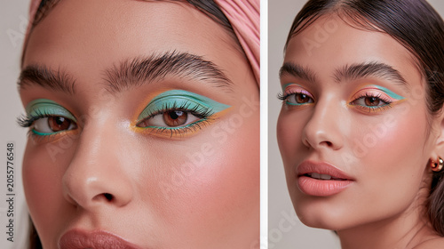 Woman with Pastel Color-Blocked Eyeliner and Shimmer Eyeshadow