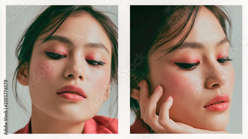 Asian Woman with Coral Rose Eyeshadow and Classic Black Eyeliner