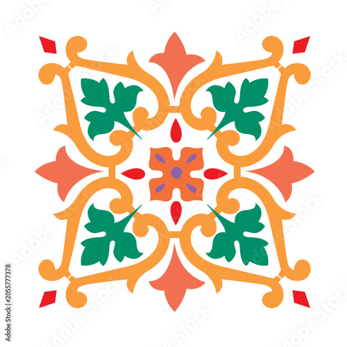 Traditional Persian Floral Ornament Vector, Colorful Iranian Tile Pattern with Symmetrical Islamic Motifs
