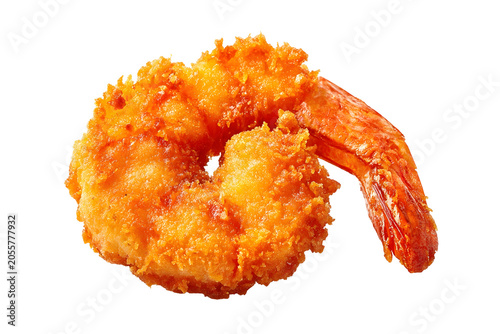 Crispy fried shrimp coated in golden crunchy breading, deep-fried until perfectly crisp and isolated on a white background.