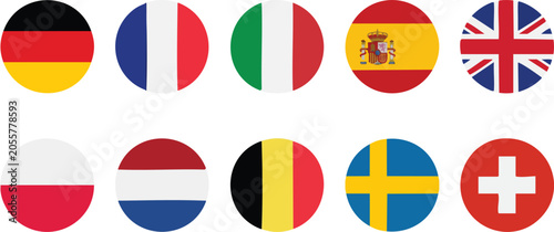 Round icons featuring flags from European countries