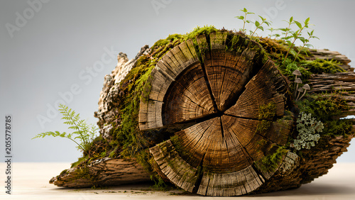 Moss Covered Tree Log with Miniature Bonsai – Nature Regeneration and Sustainable Forest Concept