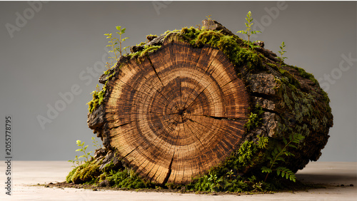 Moss Covered Tree Log with Miniature Bonsai – Nature Regeneration and Sustainable Forest Concept
