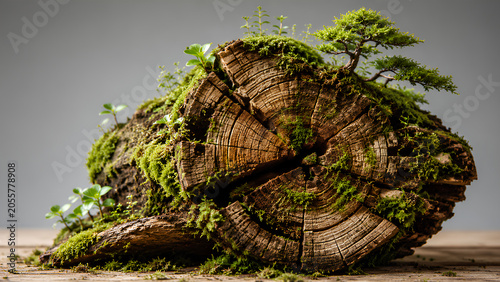 Moss Covered Tree Log with Miniature Bonsai – Nature Regeneration and Sustainable Forest Concept