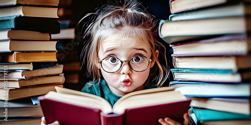 Stacks, child reading, special care.