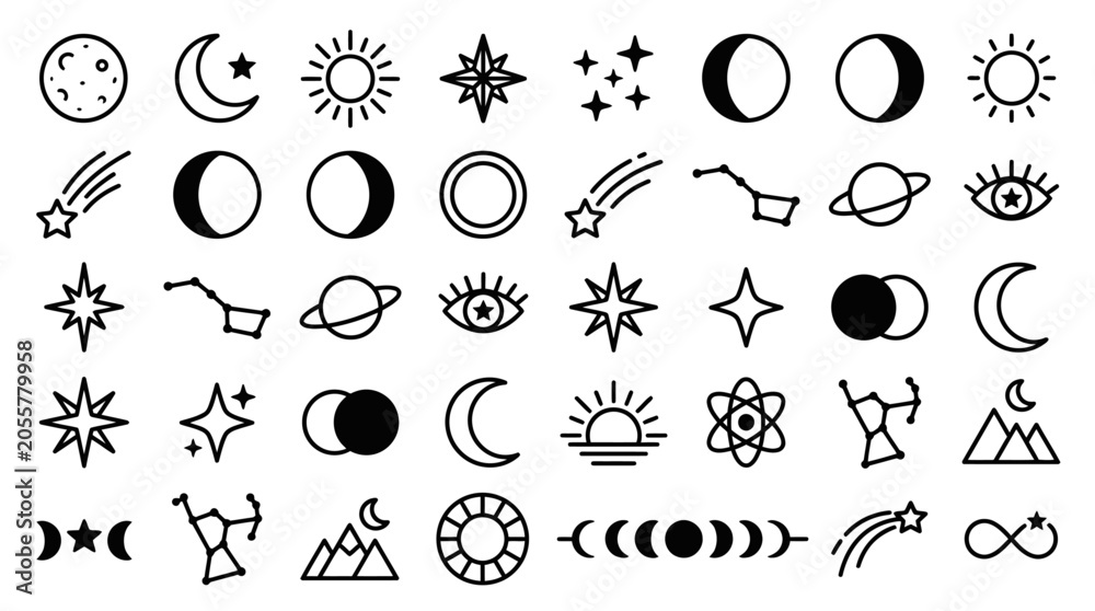 Fototapeta premium Black and white celestial icons set.