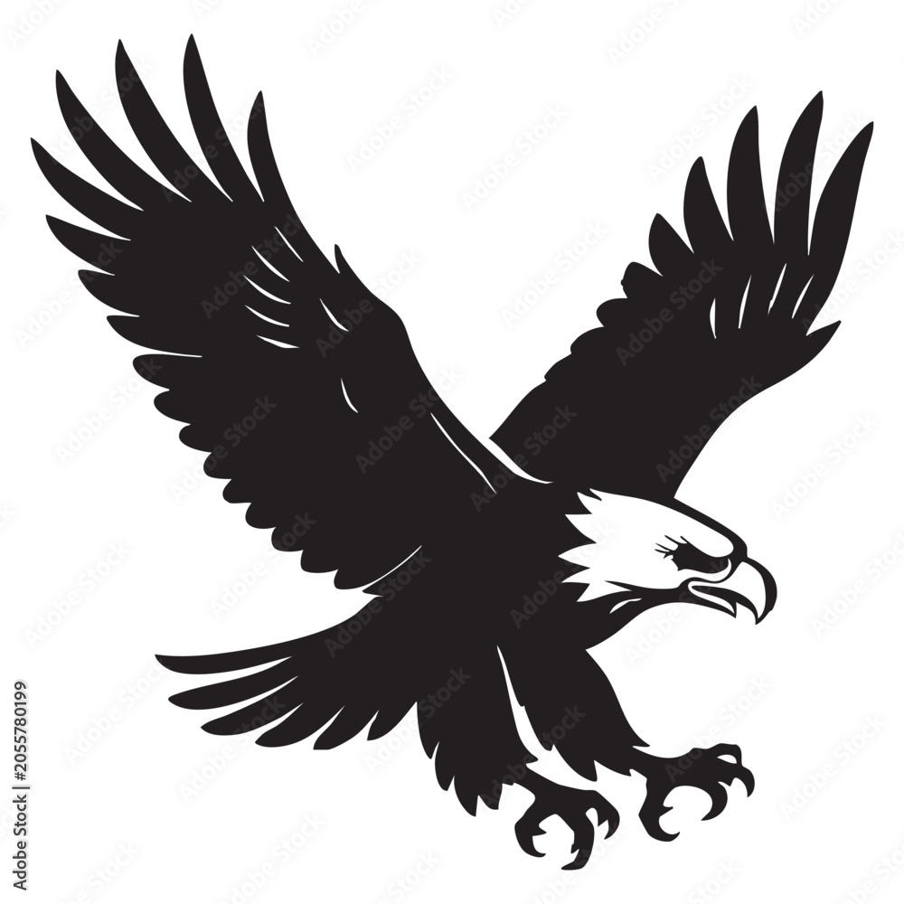 Obraz premium Black and white illustration of a flying bald eagle