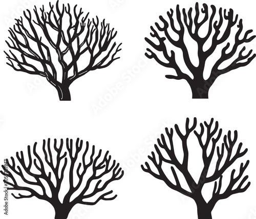 Black coral tree branches illustration set
