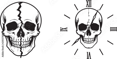 Skull clock icon with cracked and smiling faces