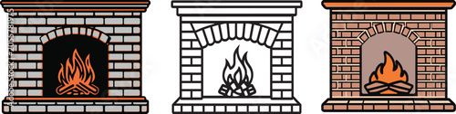Three stylized fireplaces with flames in brick setting