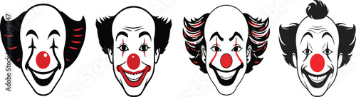 Cartoon clown faces with red noses and big smiles