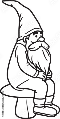 Cartoon gnome sitting on mushroom with hands clasped