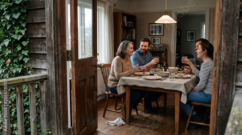 Candid shared meal with unspoken family connection at table