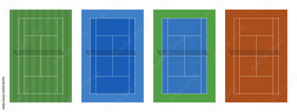 Obraz premium Tennis Court Vector Illustration. Set of Grand Slam Tennis Tournament Courts with Net and white line markings. Grass and Clay Tennis Court Graphics. 