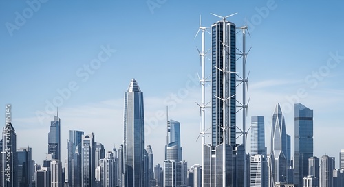 Futuristic skyscraper featuring integrated vertical wind turbines stands tall amidst a dense modern urban city skyline under clear blue skies