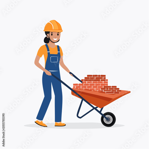 Construction worker pushing wheelbarrow with bricks