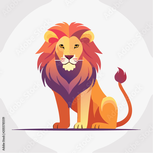 Stylized illustration of a sitting lion with a colorful mane