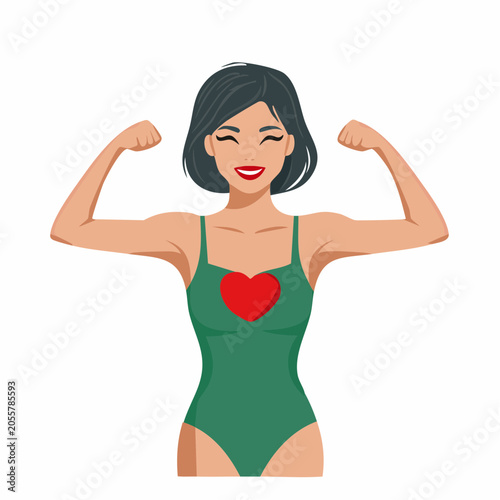 Woman flexing muscles with heart symbol on swimsuit