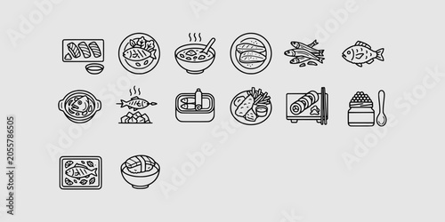 Quadro su tela Icon set collection of popular seafood dishes, sushi, sashimi, soup, grilled fish, fish eggs, and gourmet oceanic food menu items
