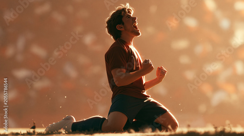A happy soccer player celebrates a goal by kneeling on the field with his arms raised in victory during a match