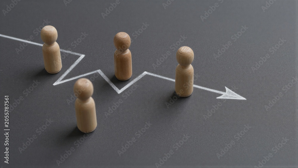 Obraz premium Wooden figures follow a rising arrow, symbolizing growth and progress.