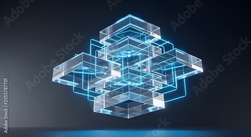 Abstract glass cube structure featuring interconnected glowing neon blue lines forming a complex geometric network of high tech connectivity