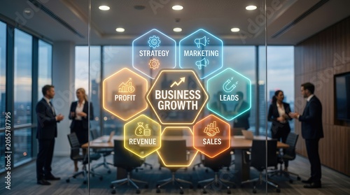 Glowing neon business growth diagram displayed on a modern office glass wall with professional corporate teams meeting in background