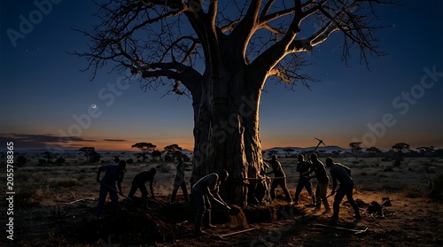 Group of men working around a giant baobab tree at twilight