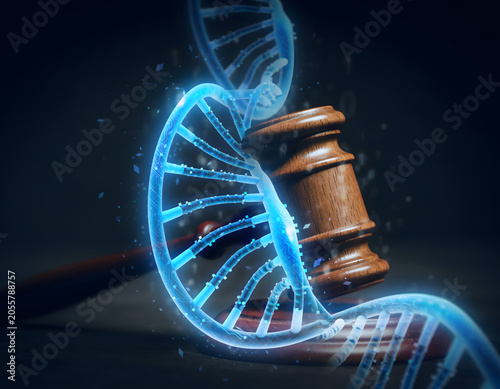 3D illustration of a wooden judge gavel and glowing blue DNA helix, representing bioethics and justice. Perfect for legal tech articles, forensic science editorials, and medical law marketing