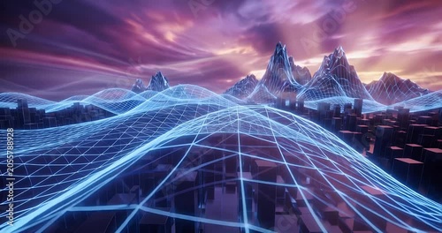 A futuristic digital landscape with glowing blue grid lines over mountains and a city under a dramatic sky.