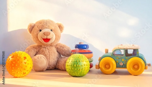 Teddy bear with balls and car in sunny room.