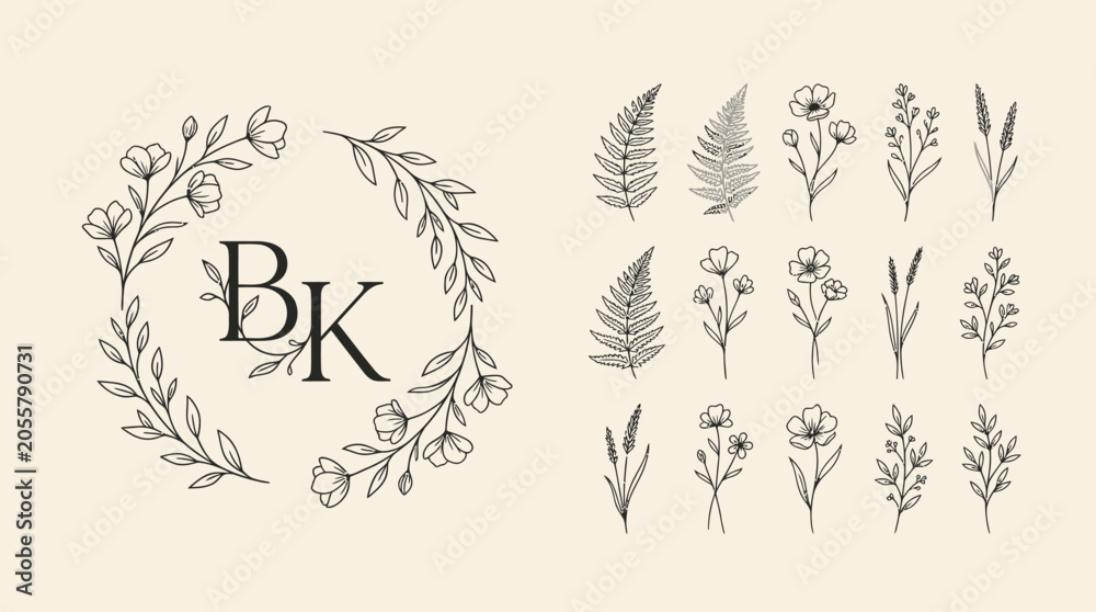 Fototapeta premium Elegant minimalist floral monogram wreath with botanical sketches concept for branding, wedding invitations, stationery design, and luxury logo identity