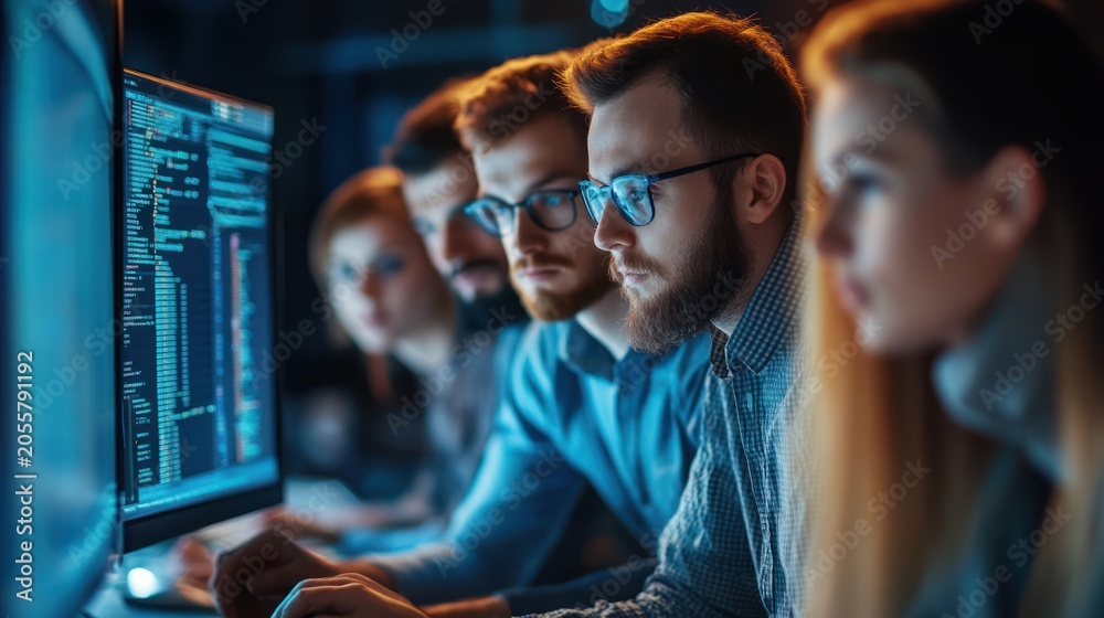 Fototapeta premium Focused Team of Developers Coding in a Dark, Modern Office Environment