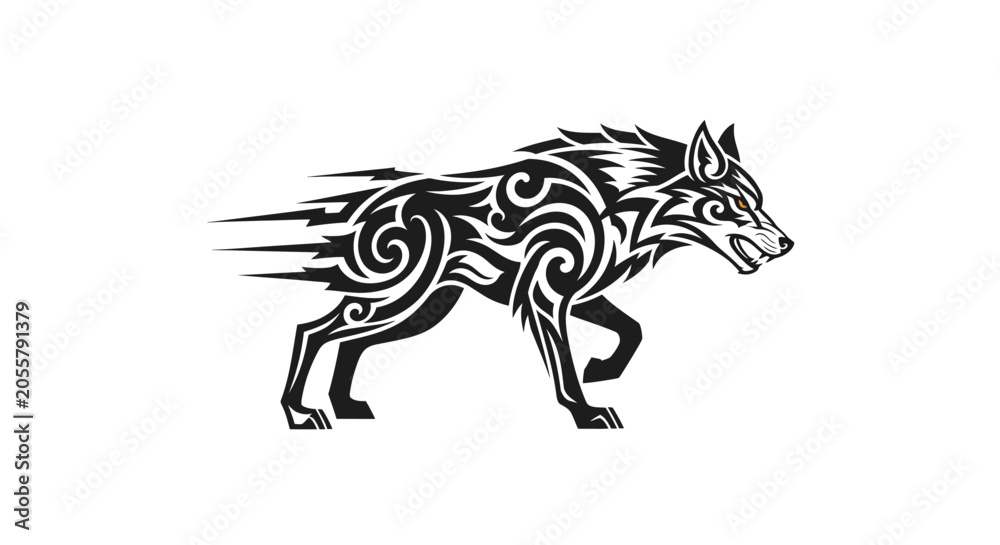 Obraz premium Tribal wolf tattoo design, stylized predator in motion, black and white graphic