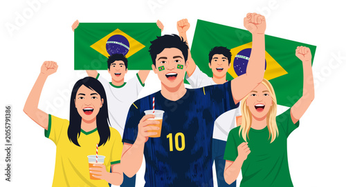 Tableau sur toile Vector illustration of enthusiastic Brazilian football fans cheering with flags and team-inspired Brazilian away jerseys