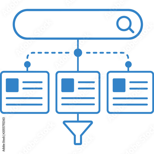Search bar filtering content cards with funnel, data sorting concept, navy blue line vector icon
