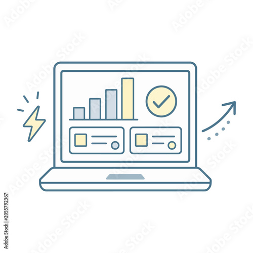 Laptop with bar chart and check mark, data analysis and performance report, blue and yellow line vector
