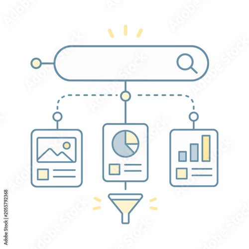 Search bar filtering content into image chart and data cards with funnel, blue and yellow line vector