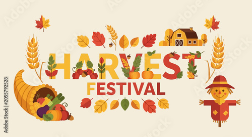 Schilderij op canvas Harvest festival colorful illustration with cornucopia and scarecrow