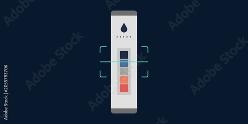 Diagnostic strip with color scale and scanning cursor. Urine protein screening and laboratory analysis concept scene. Medical technology graphic. Clean interface element detail. 