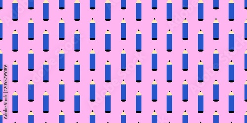 Seamless pattern of blue pencils on a pink background. Minimalist stationery illustration for wallpaper, fabric print, and wrapping paper design.